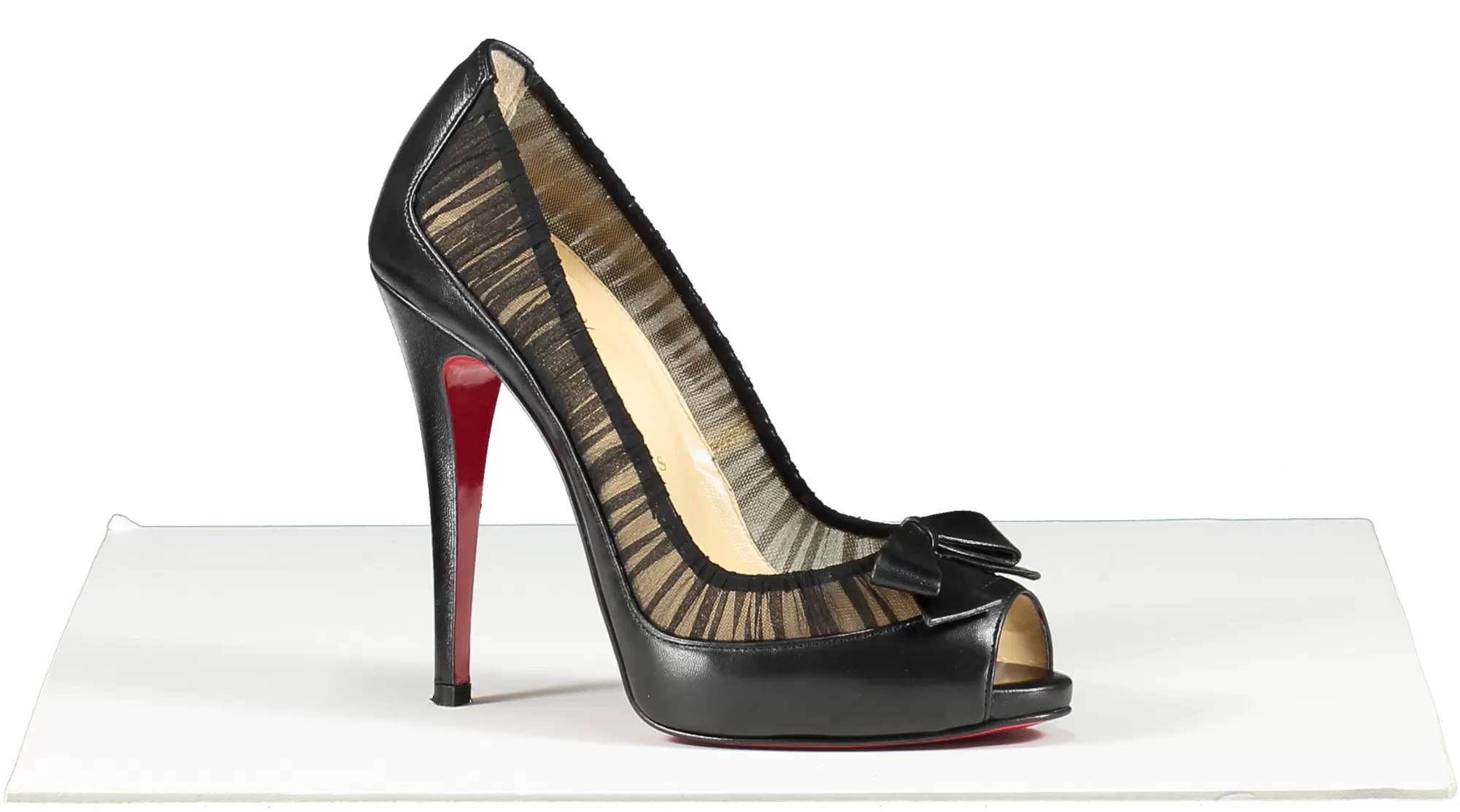 Christian Louboutin Black Leather/chiffon Angelique 100 Peep Toe Pumps UK 3 EU 36 👠