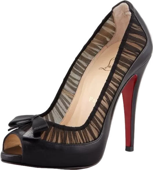 Christian Louboutin Black Leather/chiffon Angelique 100 Peep Toe Pumps UK 3 EU 36 👠