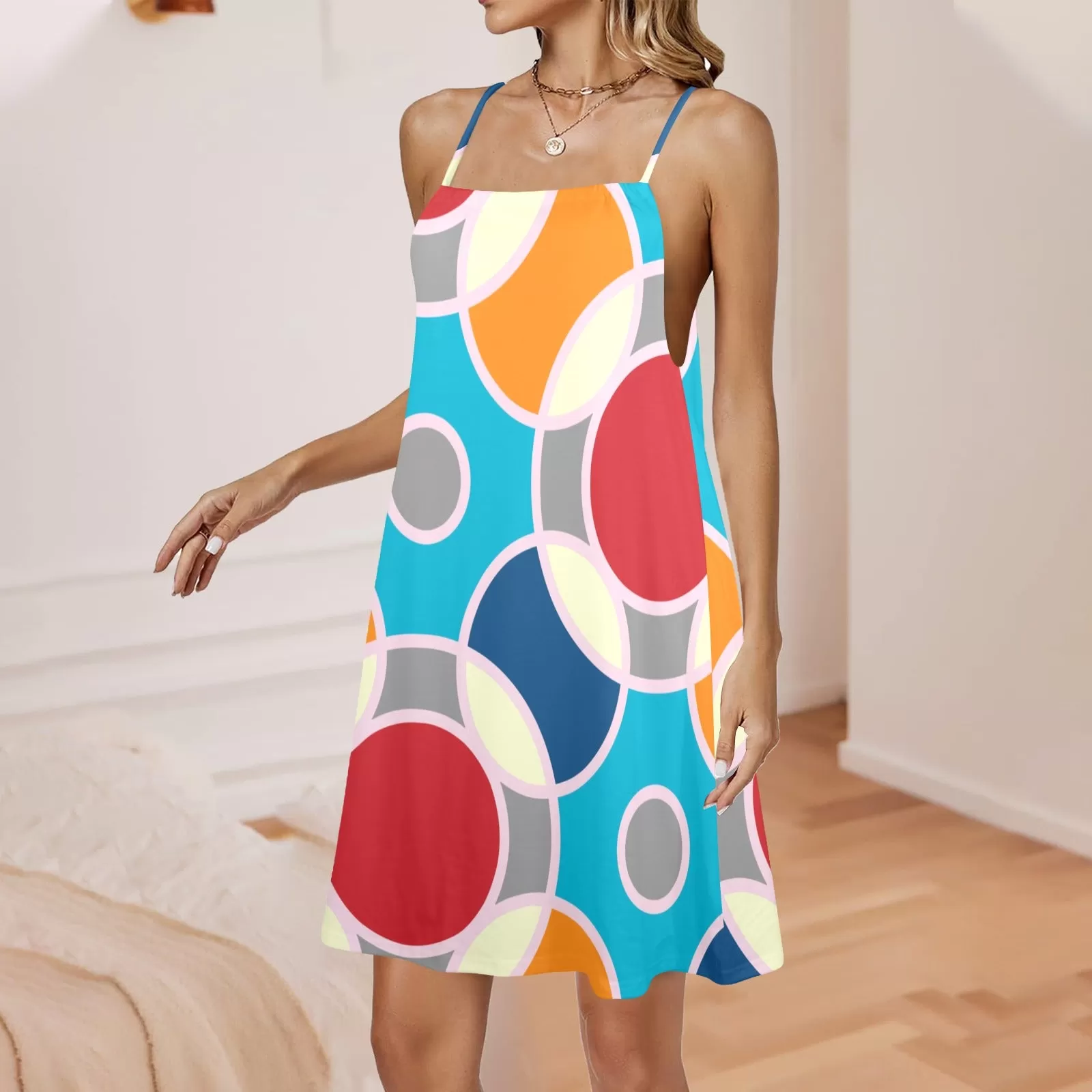 circles concentric print 3 Drawstring Neck Sleeveless Dress (Model D68)