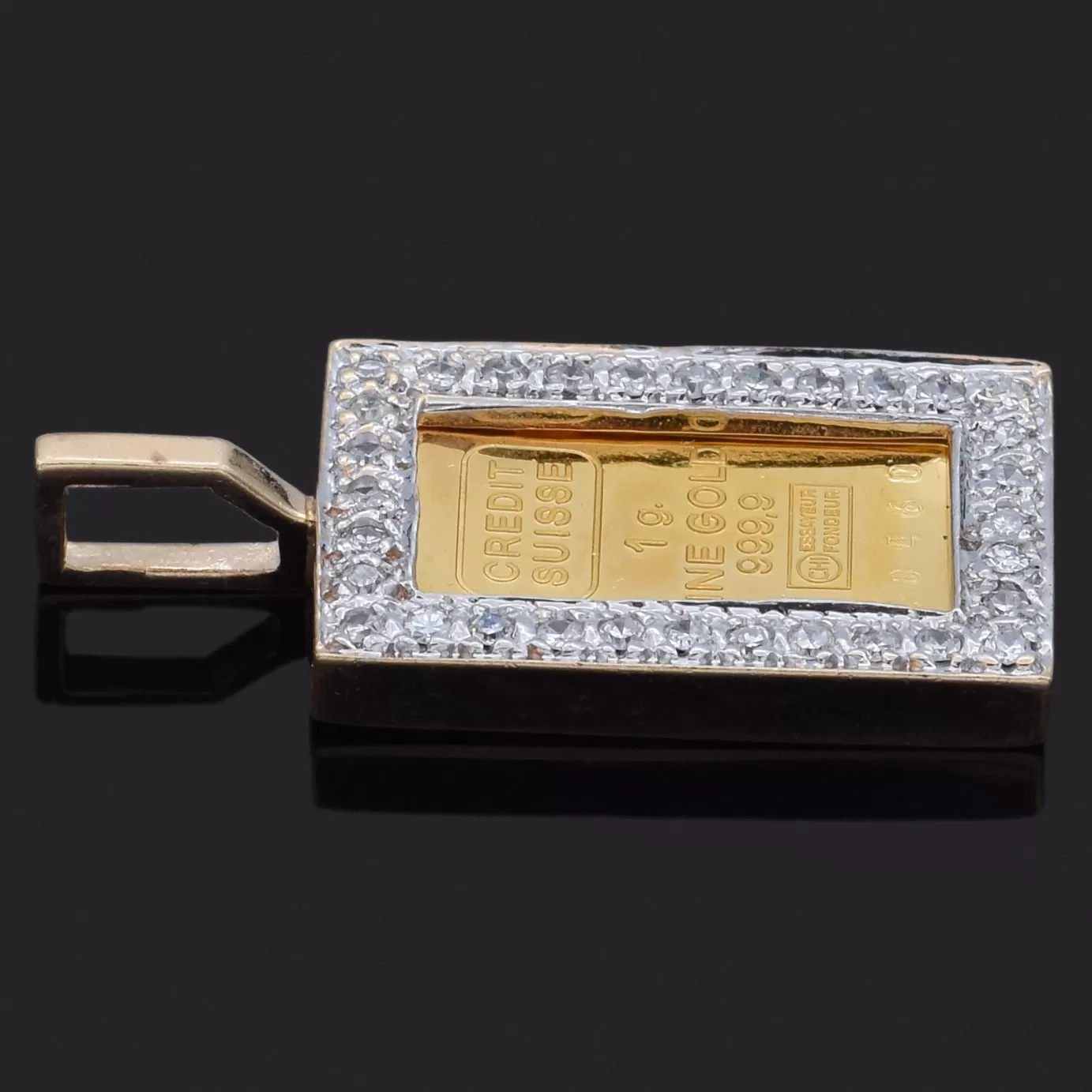 Credit Suisse 1 Gram 999.9 24K Fine Gold Bar in 14K Gold Diamond Bezel Pendant