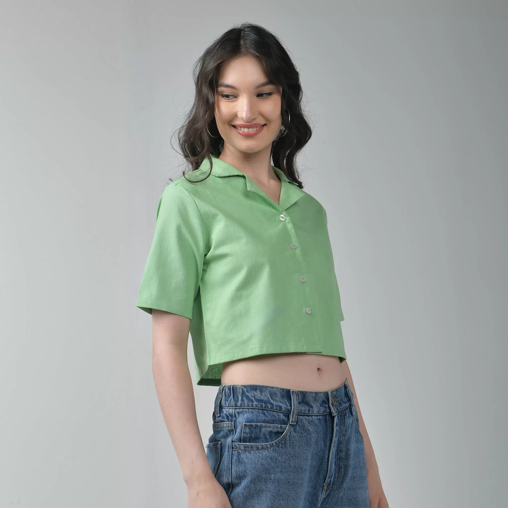 Crop Linen shirt for women - Green