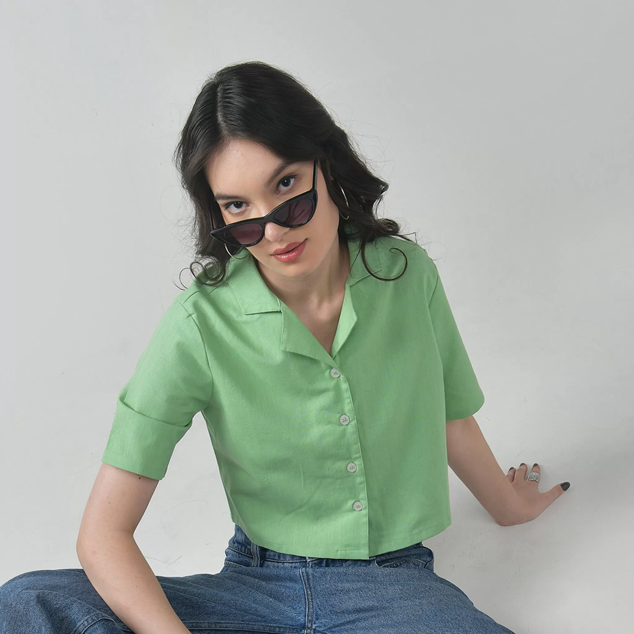 Crop Linen shirt for women - Green