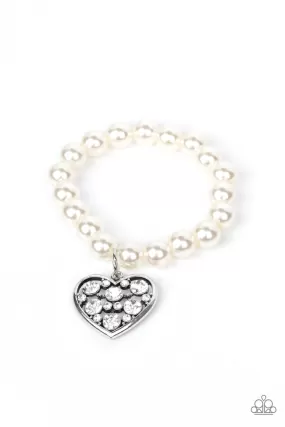 Cutely Crushing White Pearl and Rhinestone Heart Bracelet - Paparazzi Accessories