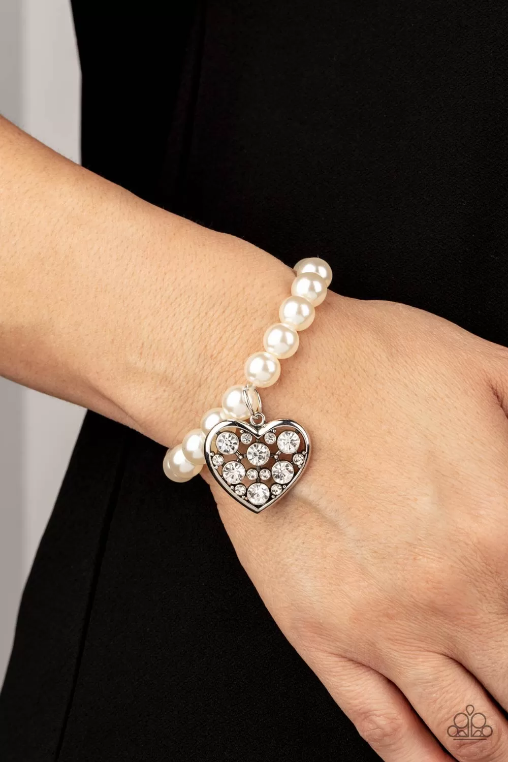 Cutely Crushing White Pearl and Rhinestone Heart Bracelet - Paparazzi Accessories