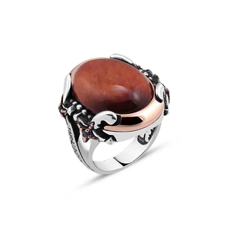 Domic Ellipse Red Tiger Eye Silver Men's Ring Siding Double Sword