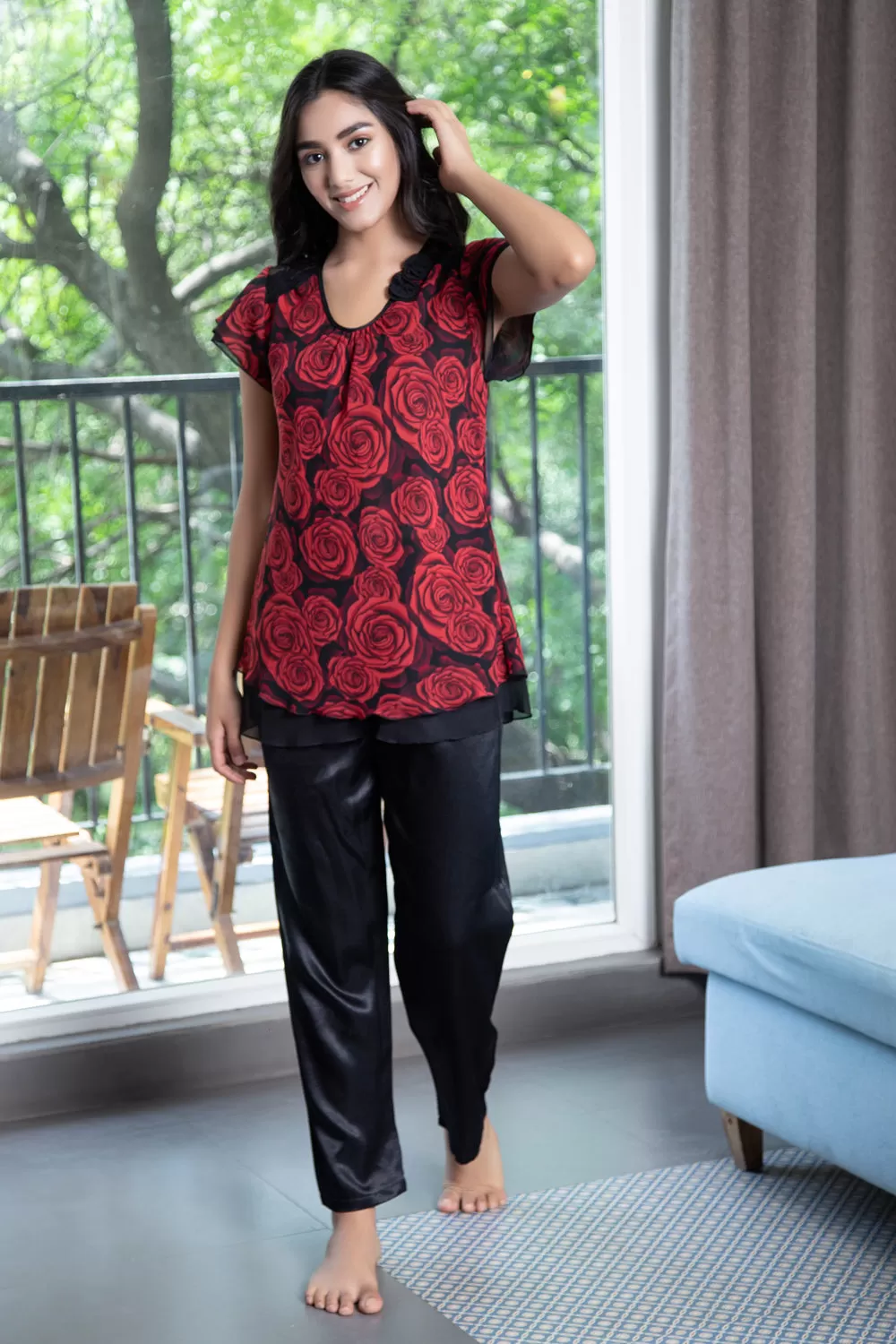 Double chiffon top & Satin pj Night suit