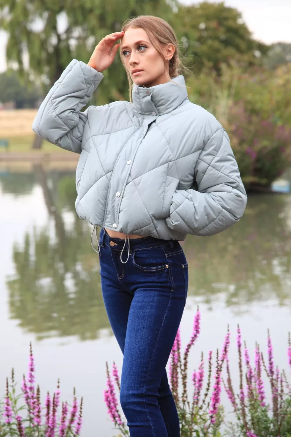 Double Second Sage Quilted Cropped Jacket