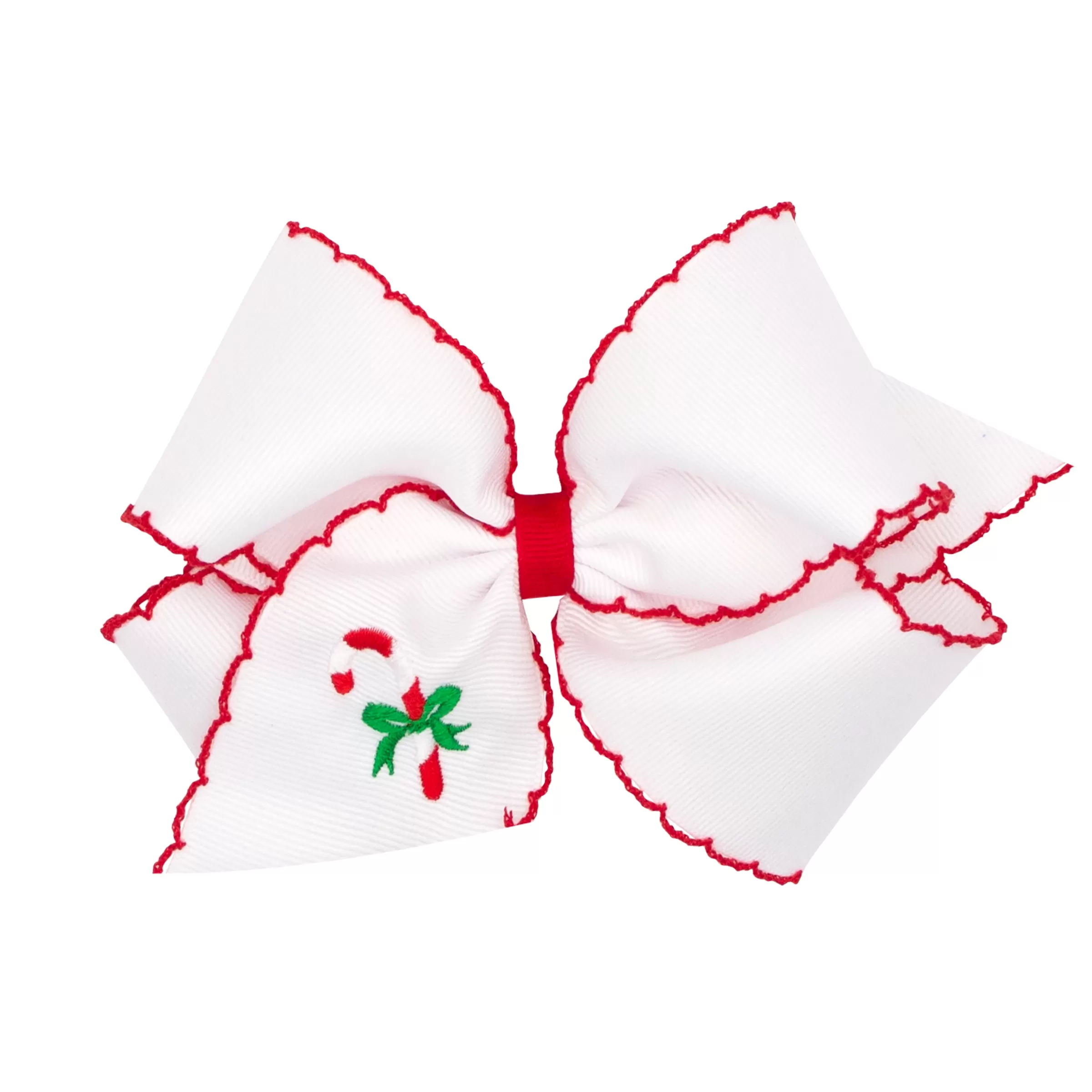 Embroidered Moonstitch Grosgrain Hair Bow on Clippie - Candy Cane