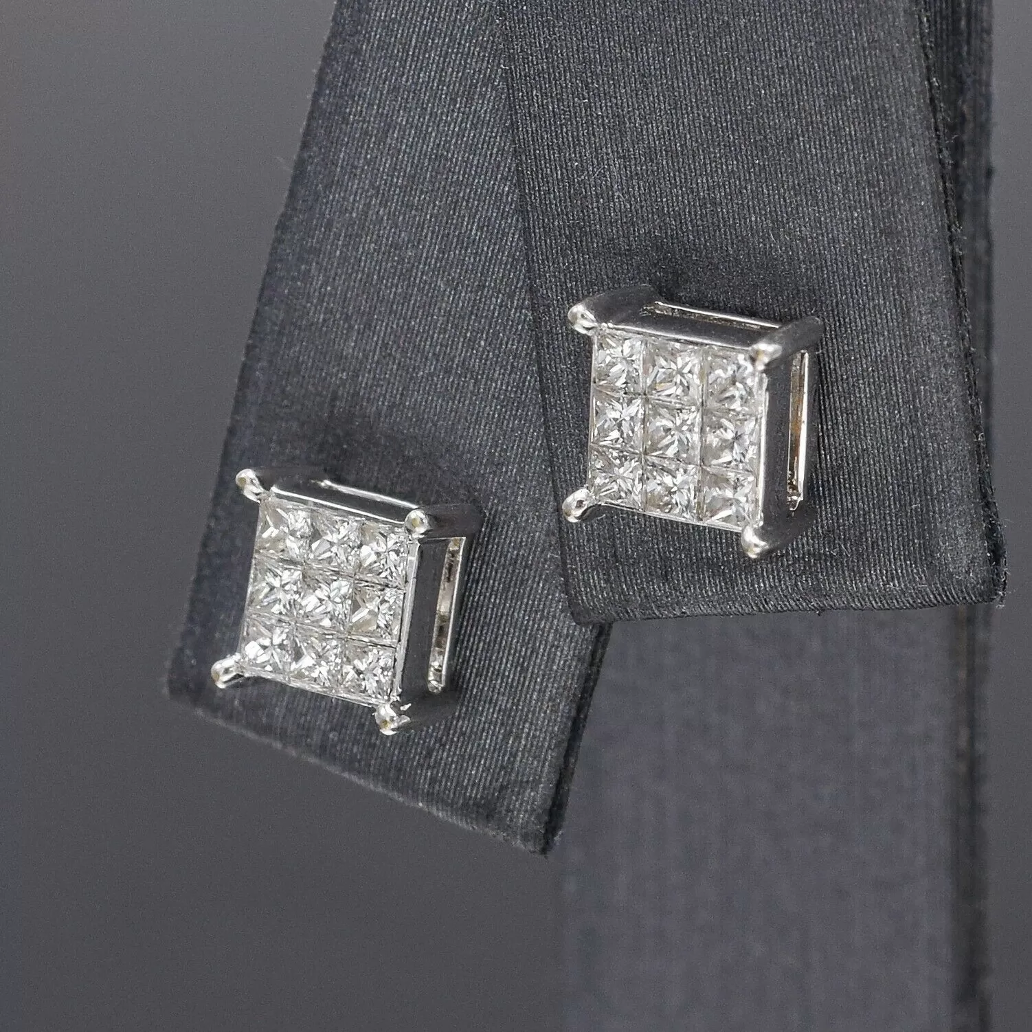 Estate 18K White Gold 0.36 TCW Diamond 3-Row Square Stud Earrings 6.5 mm H VS-SI