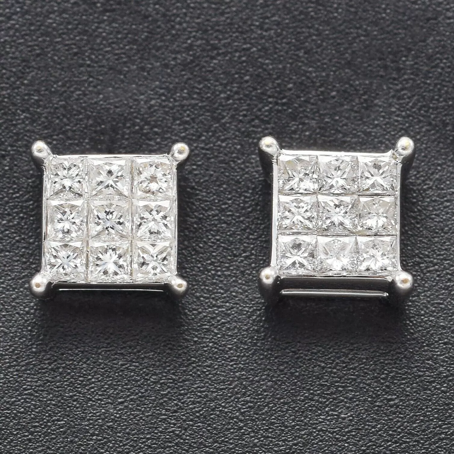 Estate 18K White Gold 0.36 TCW Diamond 3-Row Square Stud Earrings 6.5 mm H VS-SI