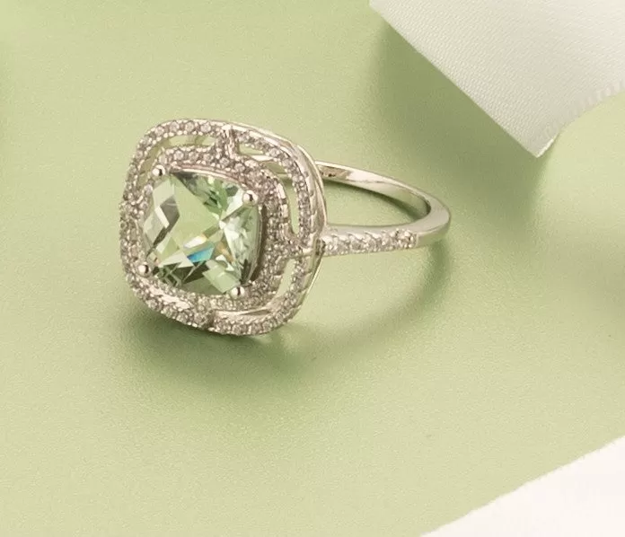 Green Amethyst Cushion Cut Sterling Silver Ring Size 5