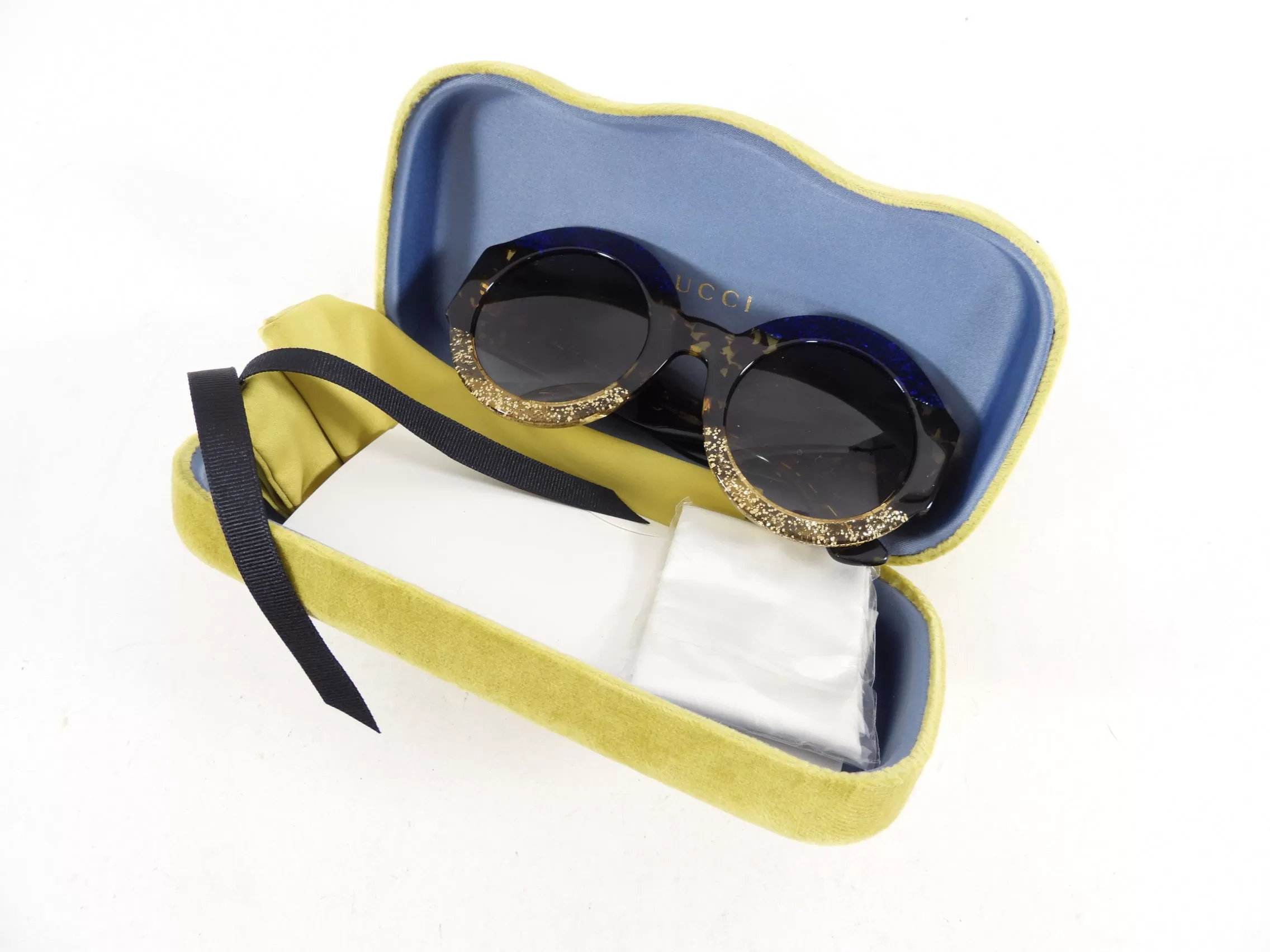 Gucci Oversized Round Glitter Blue Gold Sunglasses