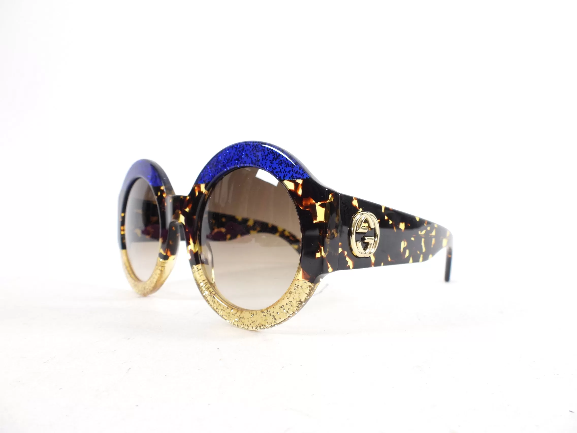 Gucci Oversized Round Glitter Blue Gold Sunglasses