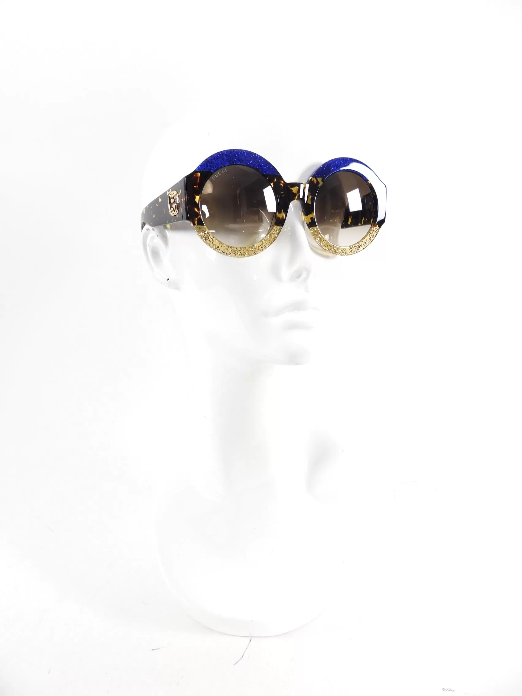 Gucci Oversized Round Glitter Blue Gold Sunglasses