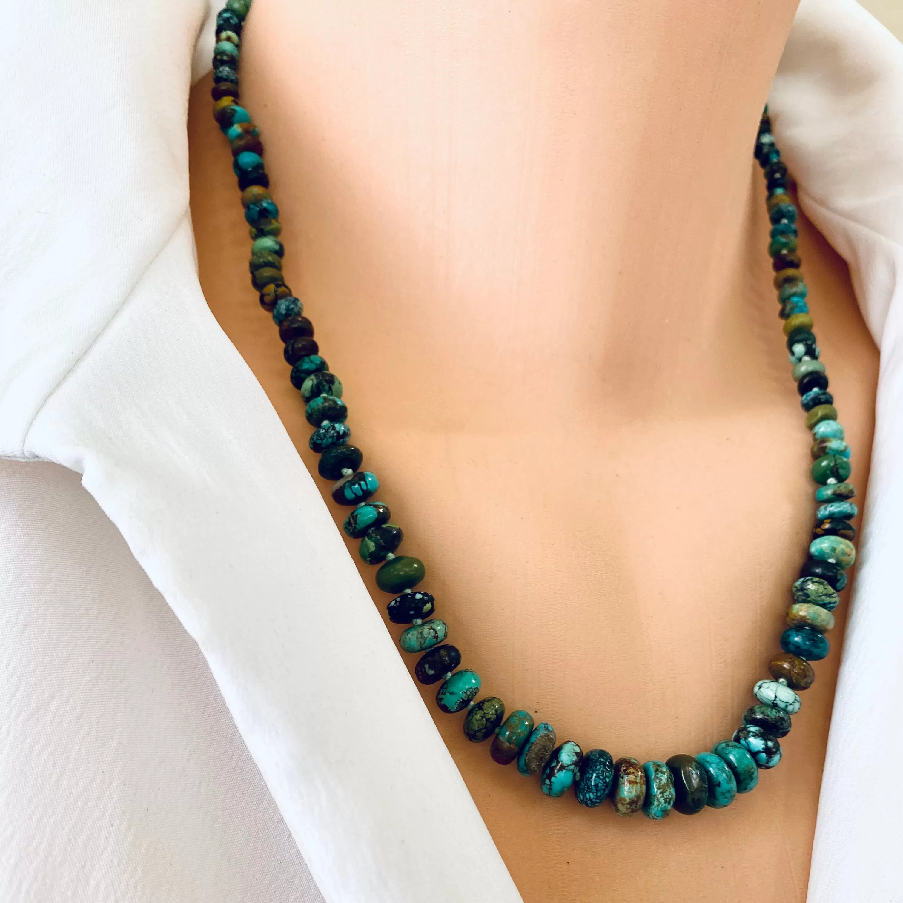 Hand Knotted and Graduated Genuine Turquoise Candy Necklace, Gold Filled Closure, 20Inches, December Birthstone