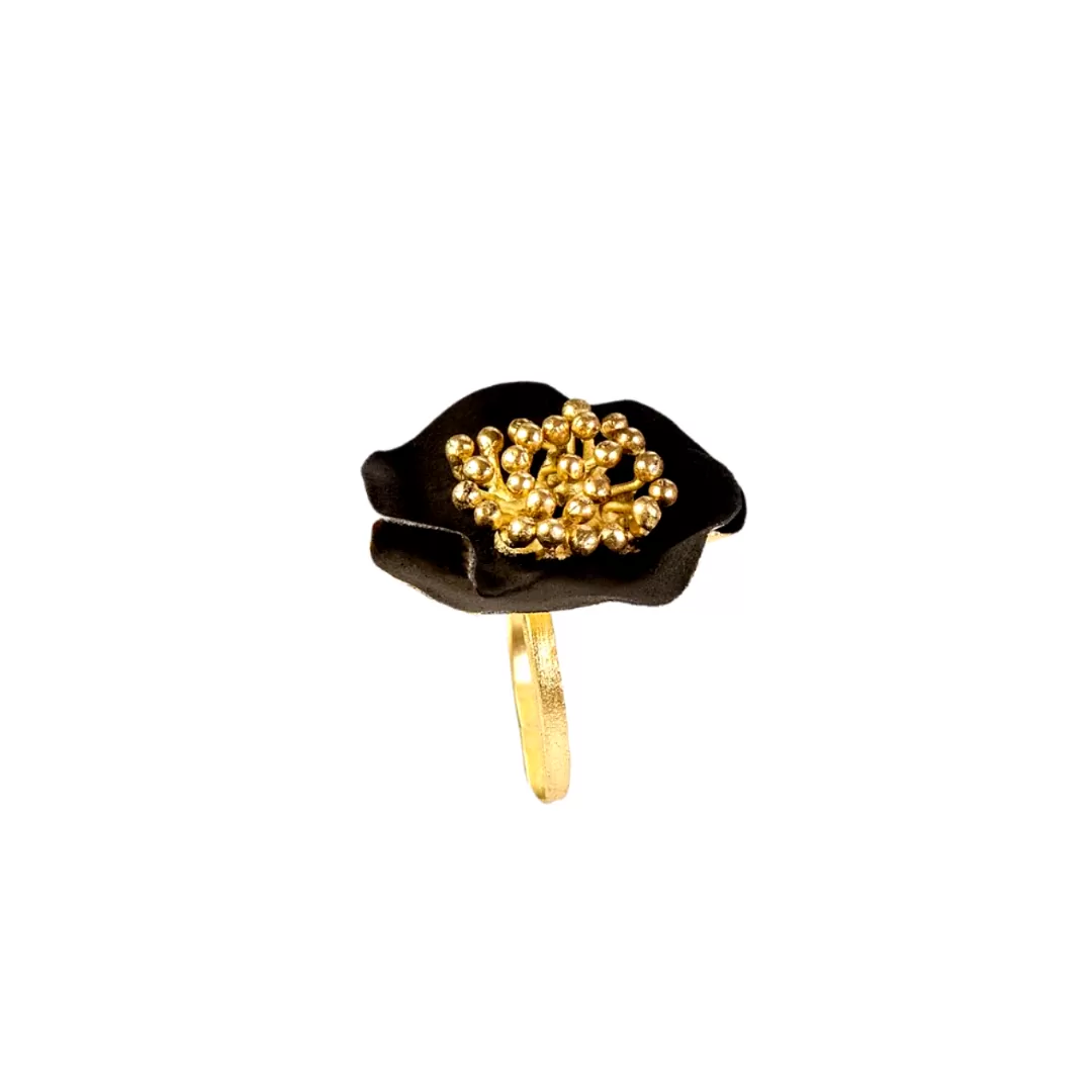 Handmade Gold Plated Silver Black Flower Ring