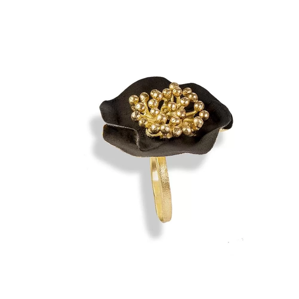 Handmade Gold Plated Silver Black Flower Ring