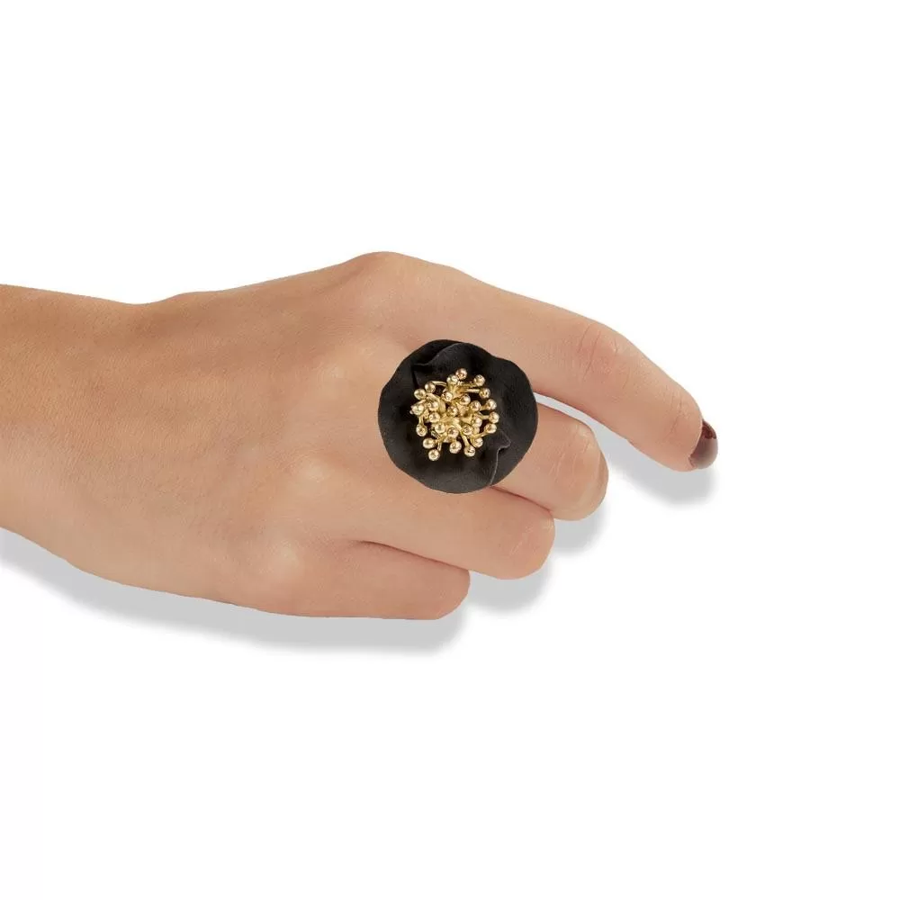 Handmade Gold Plated Silver Black Flower Ring