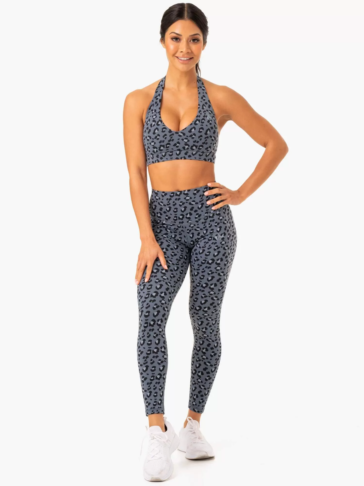 Hybrid Halter Sports Bra - Steel Blue Leopard