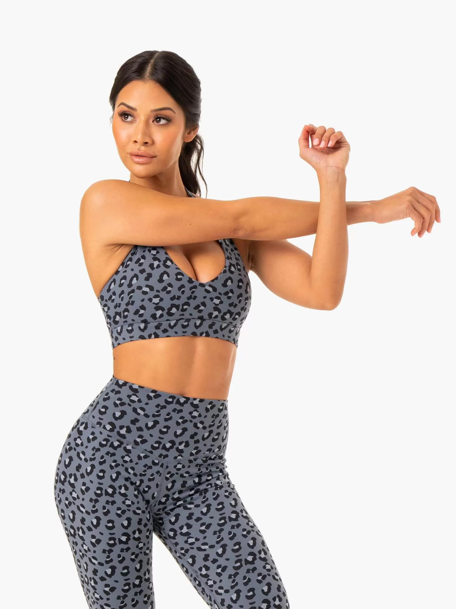 Hybrid Halter Sports Bra - Steel Blue Leopard