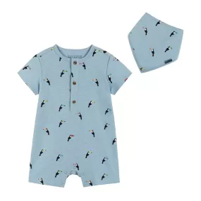 Infant Knit Short Sleeve Romper with Bib | Blue Toucan Print