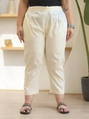 Juniper Off White Solid Lycra Women Drawstring Plus Size Pants With Single Side Pocket