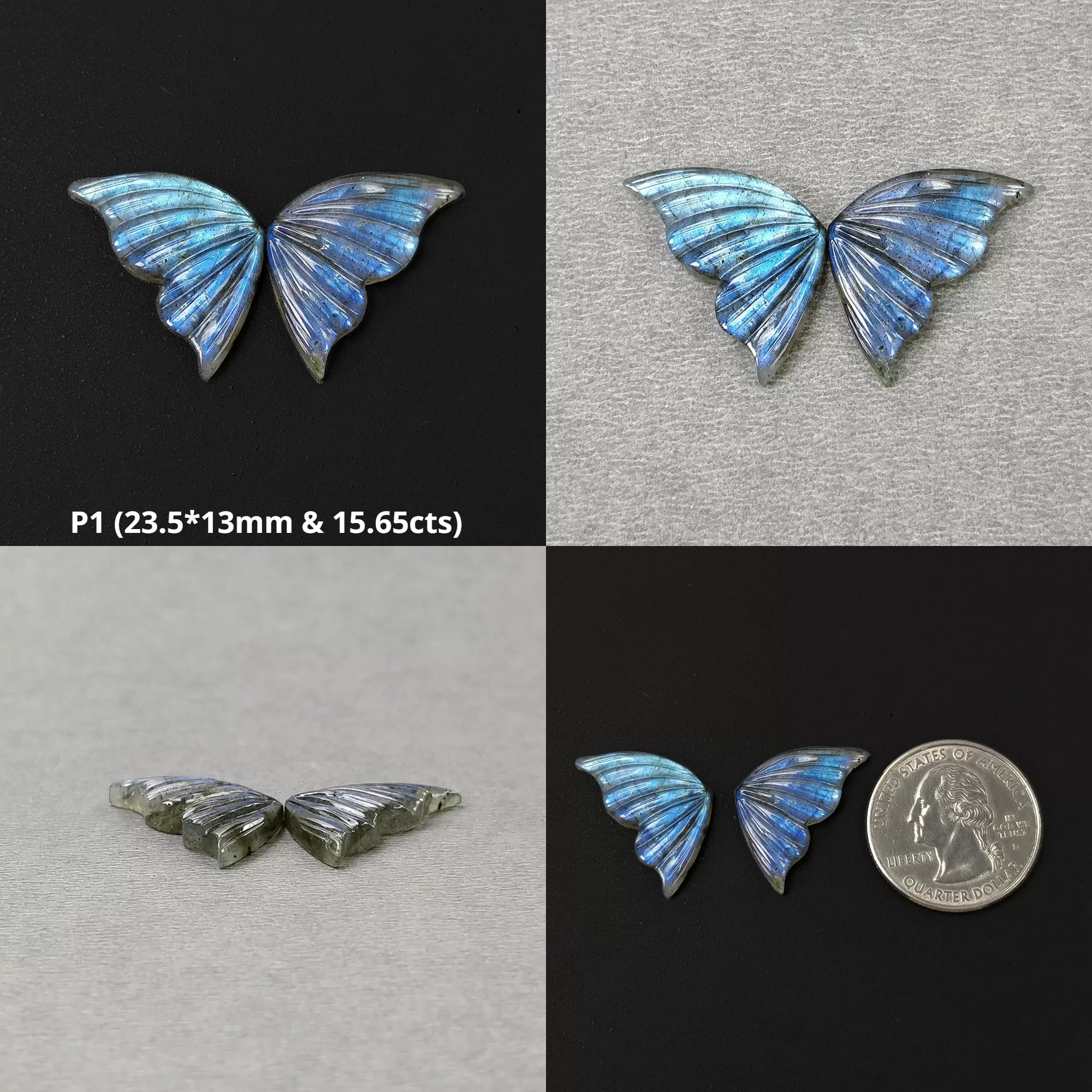 LABRADORITE Gemstone Carving : Natural Untreated Unheated Labradorite Hand Carved Butterfly Pair