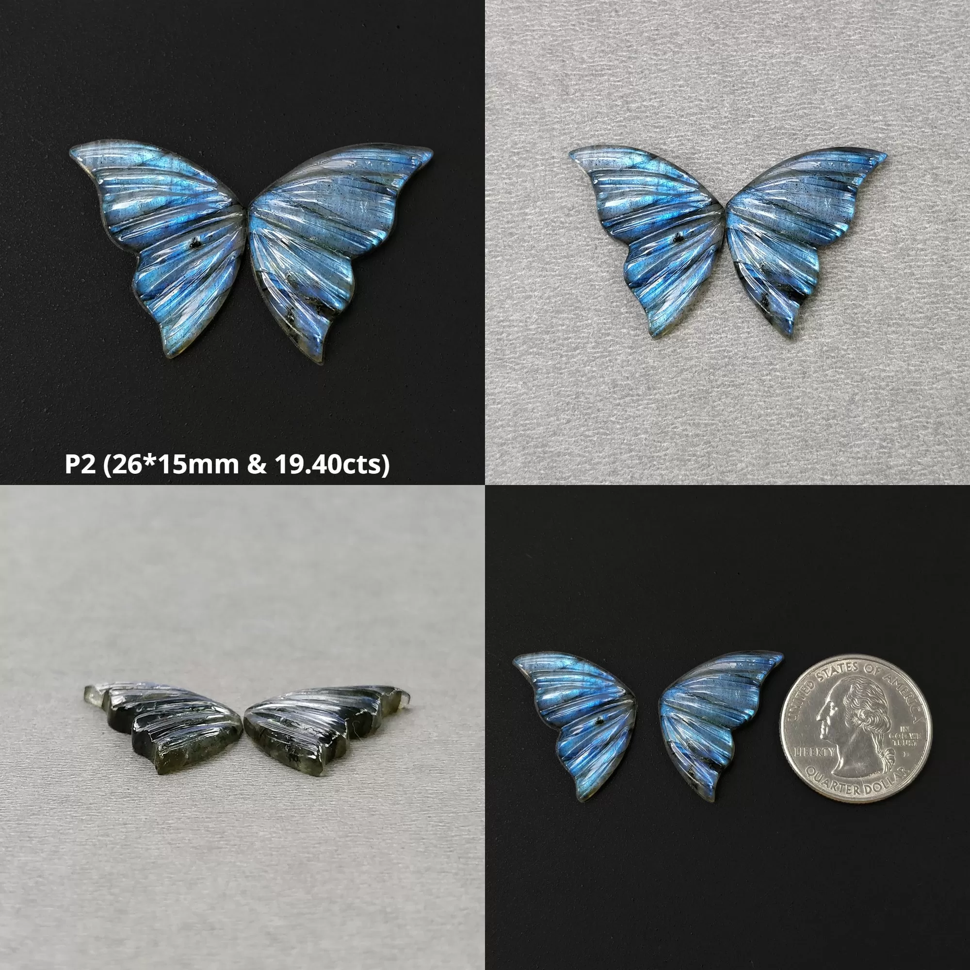 LABRADORITE Gemstone Carving : Natural Untreated Unheated Labradorite Hand Carved Butterfly Pair