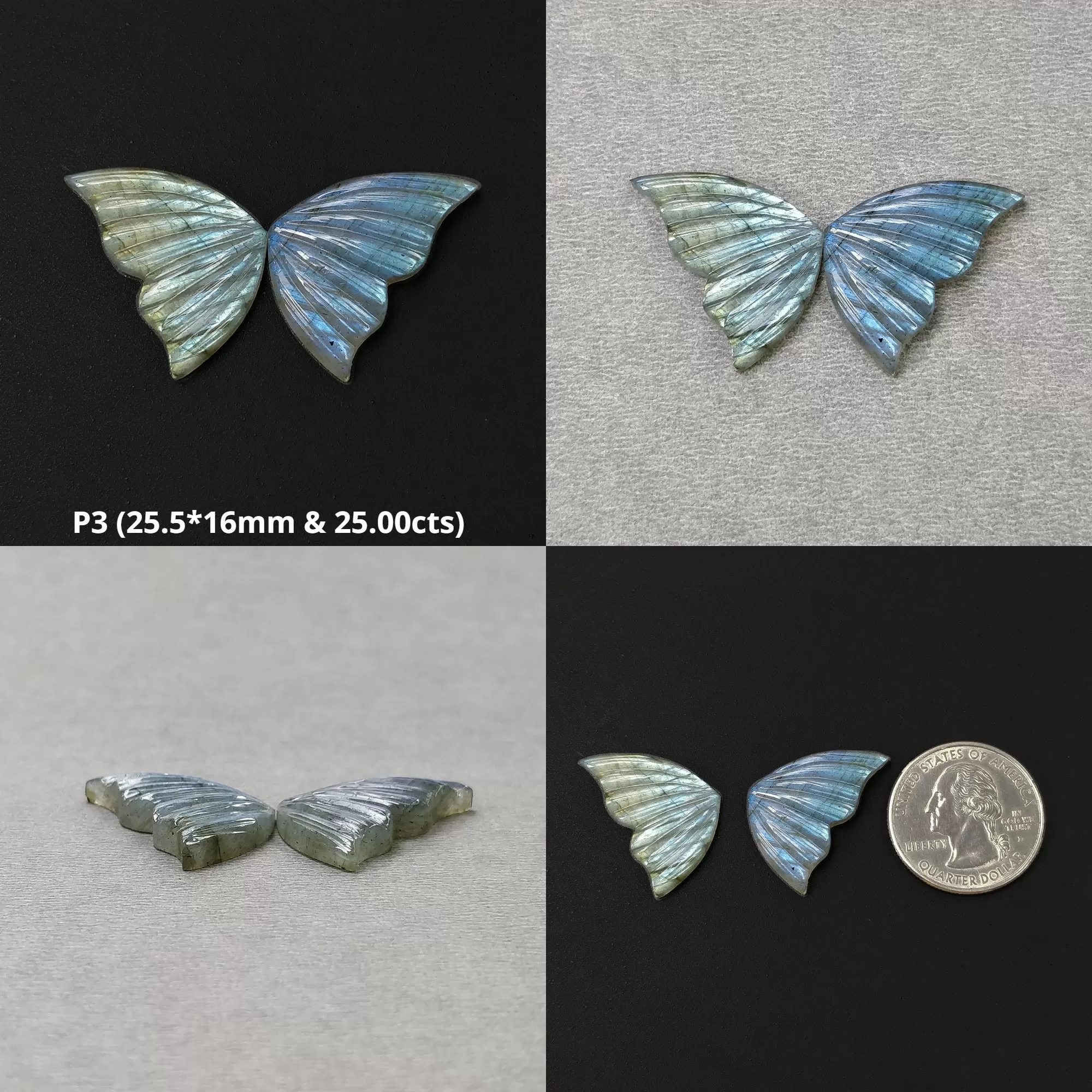 LABRADORITE Gemstone Carving : Natural Untreated Unheated Labradorite Hand Carved Butterfly Pair