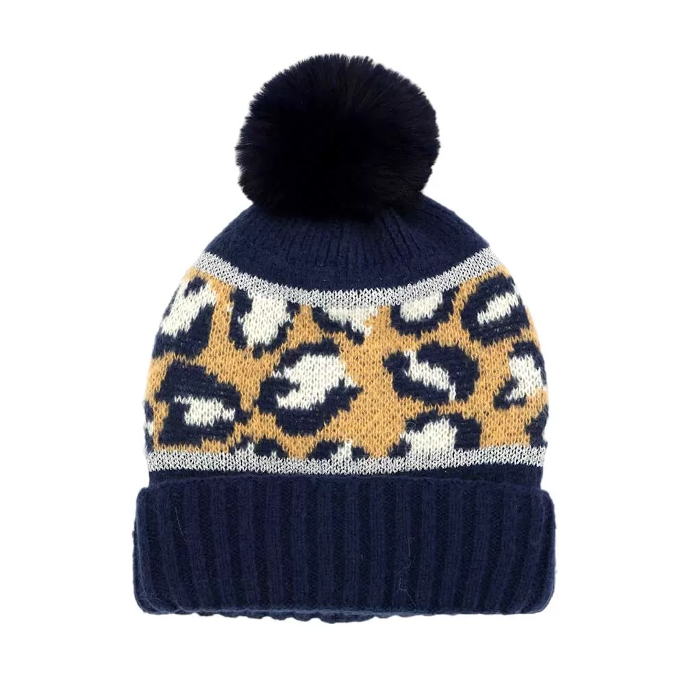 Leopard Patterned Pom Pom Beanie Hat