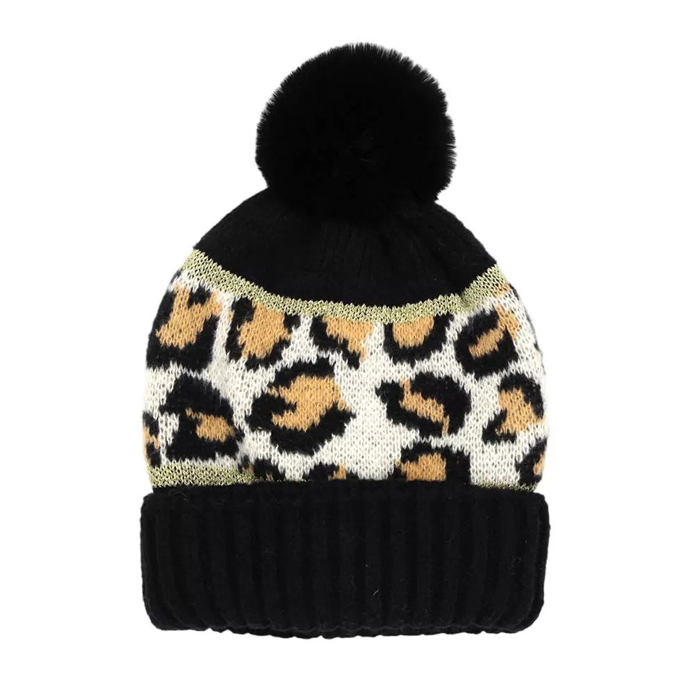 Leopard Patterned Pom Pom Beanie Hat