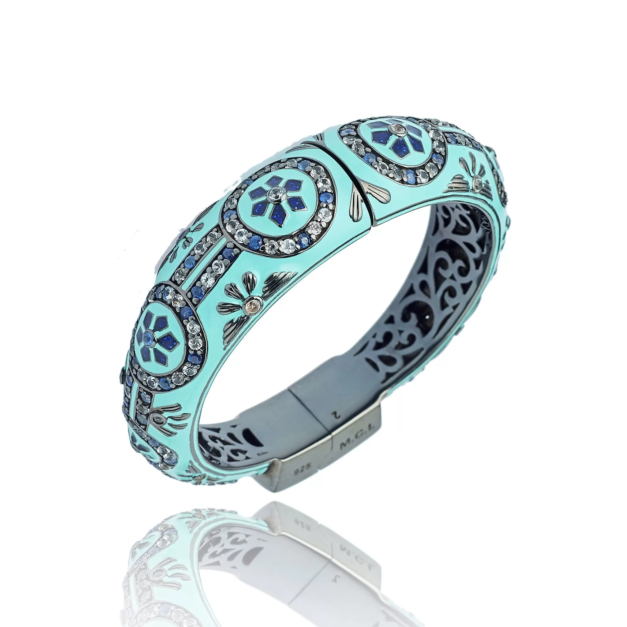 MCL Design Sterling Silver Bangle Bracelet with Royal Blue Gum Glitter and Mint Tea Enamel & Mixed Ice Sapphires