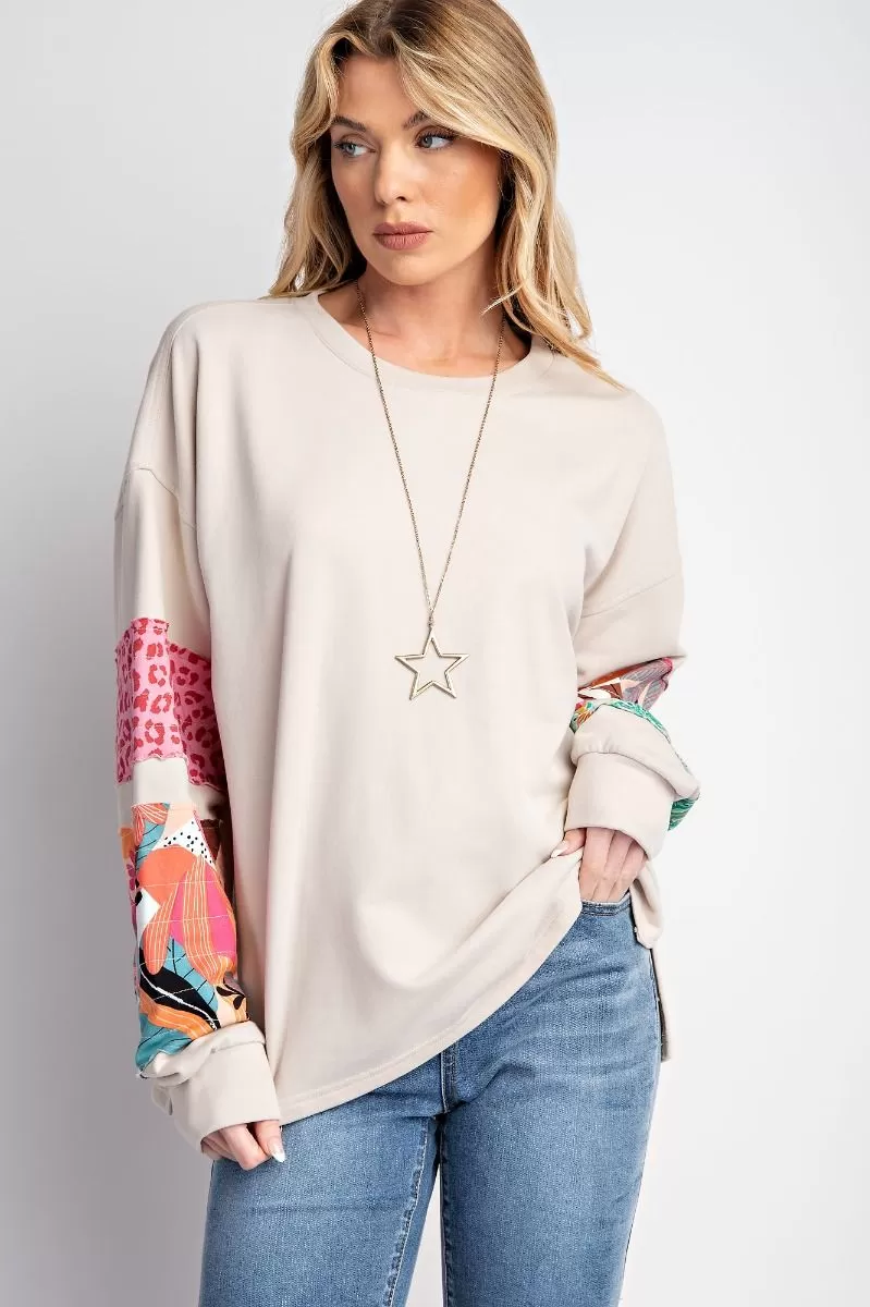 Mixed Print Sleeves Terry Pullover