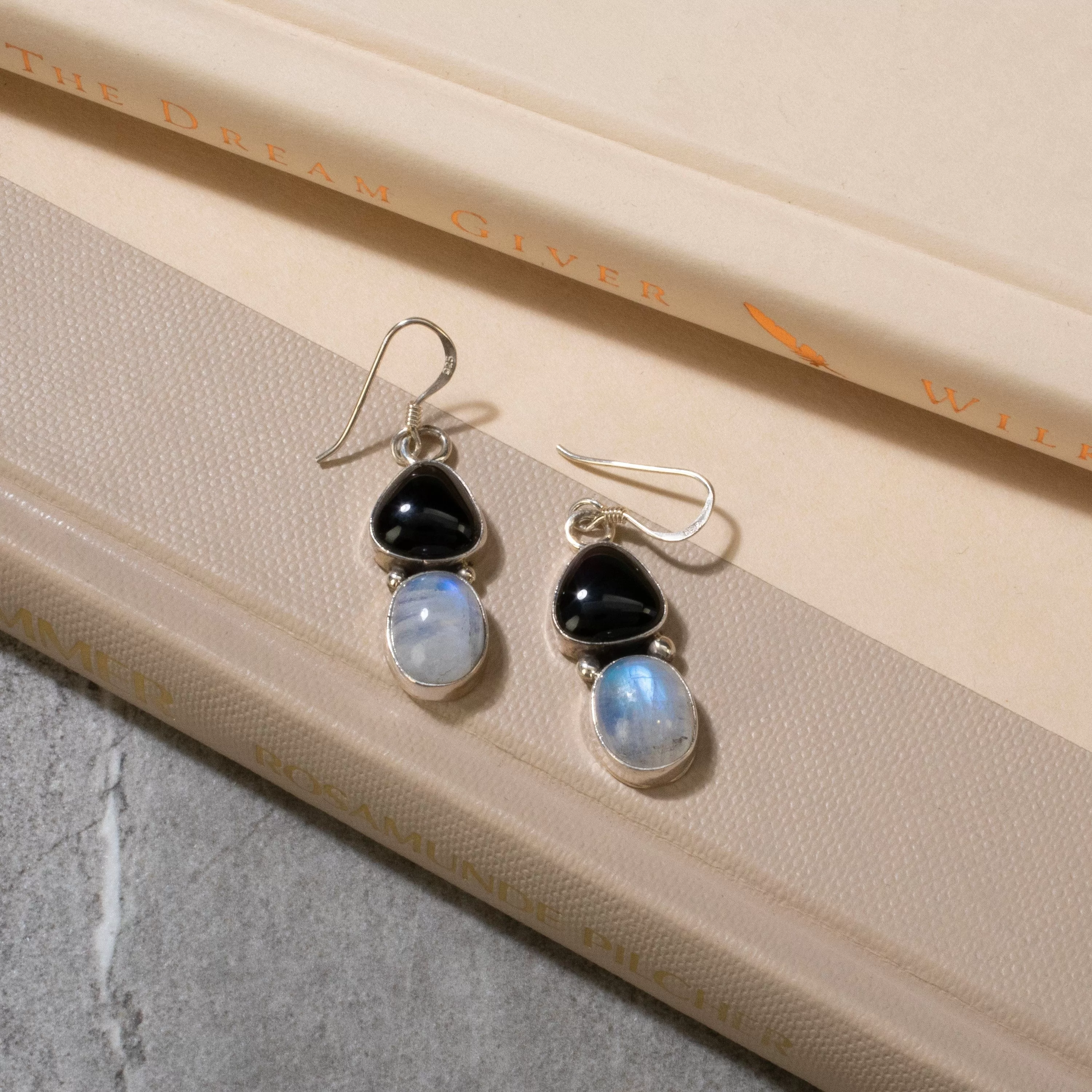 Moonstone & Black Opal Dangle USA Native American Made 925 Sterling Silver Earrings with French Hook