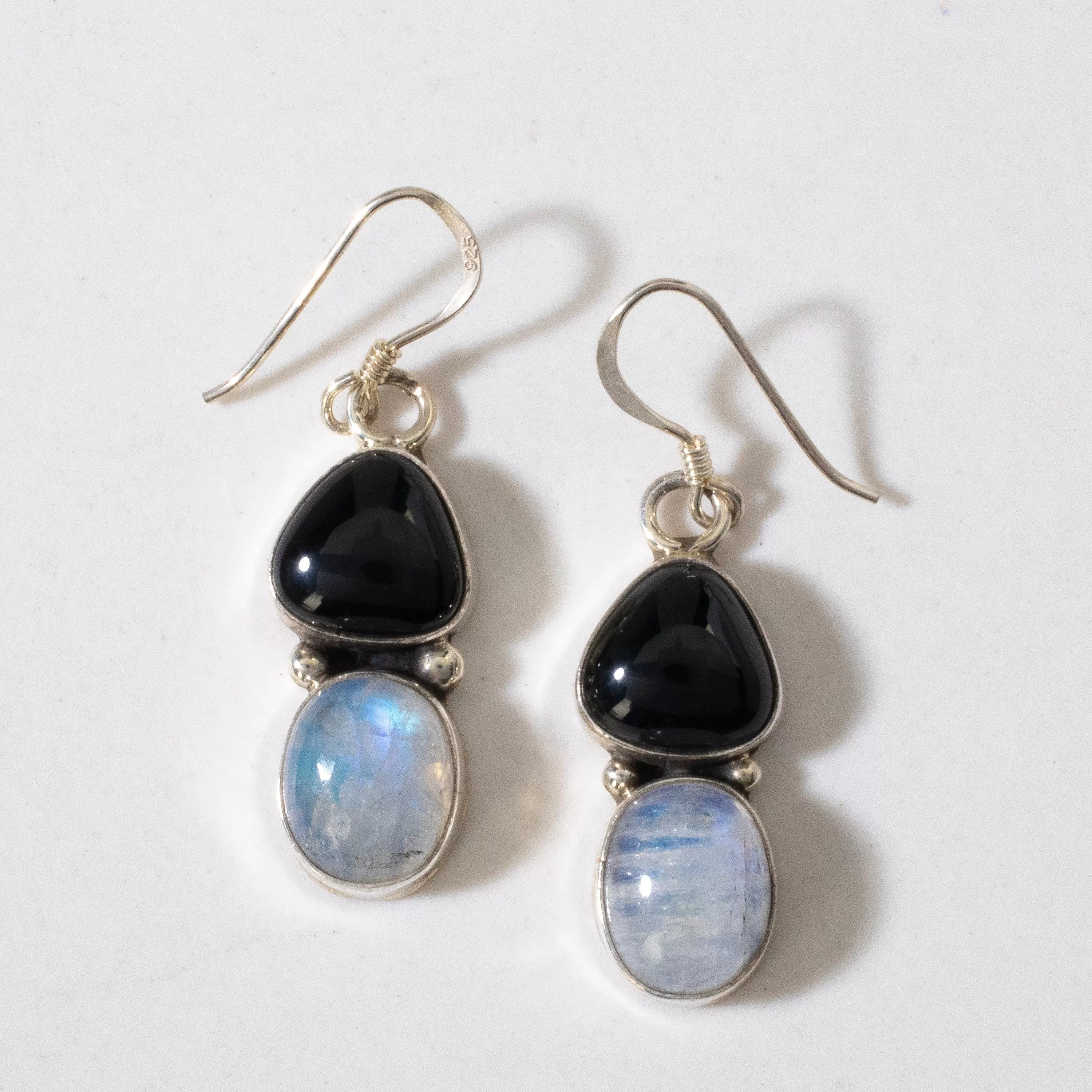 Moonstone & Black Opal Dangle USA Native American Made 925 Sterling Silver Earrings with French Hook