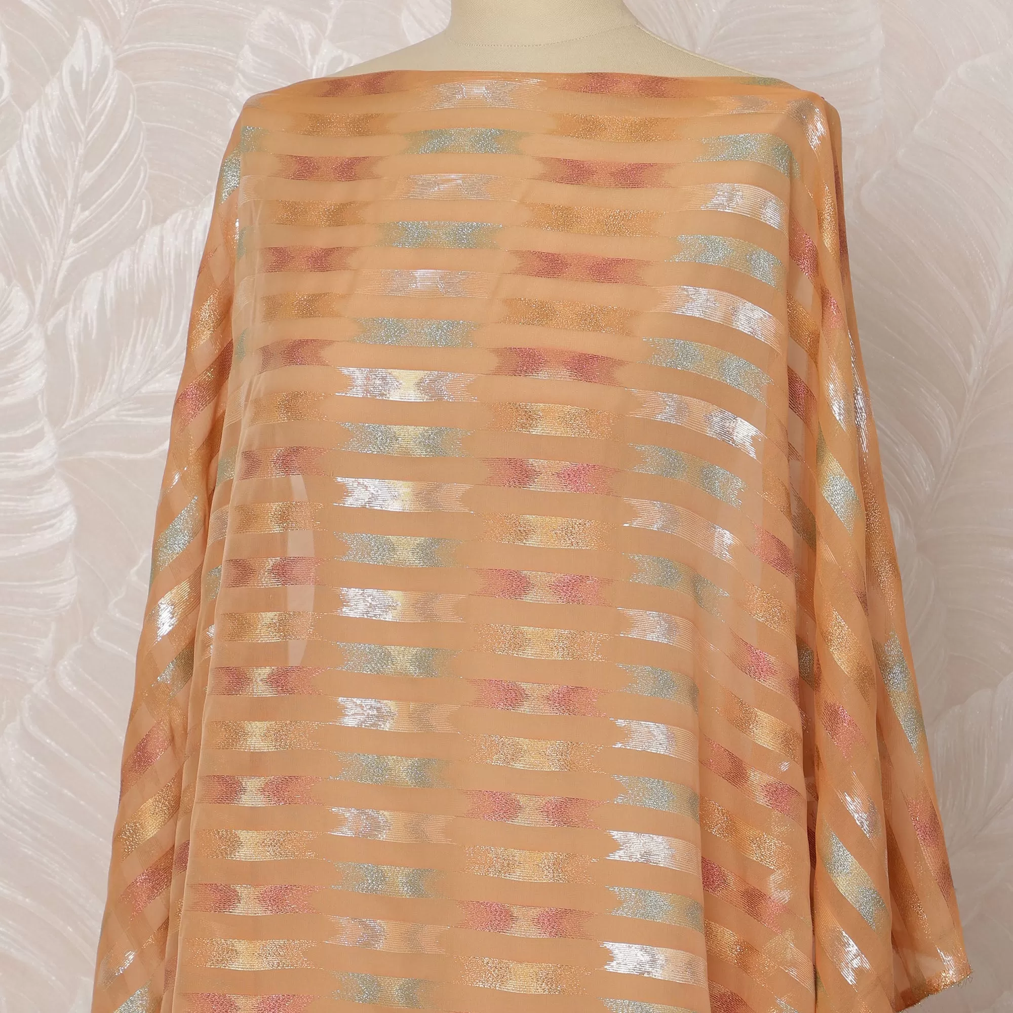 Peach and Silver Striped Silk Chiffon Dirac Fabric with Metallic Lurex, 3.5 Meters, 140 cm Width-D20792