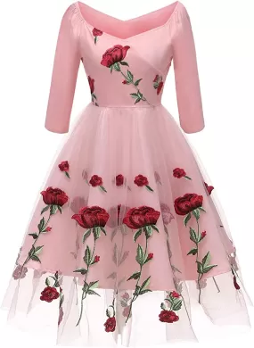 Pink Women Long Sleeve Off Shoulder, Embroidered Floral Roses Dress Small/Medium