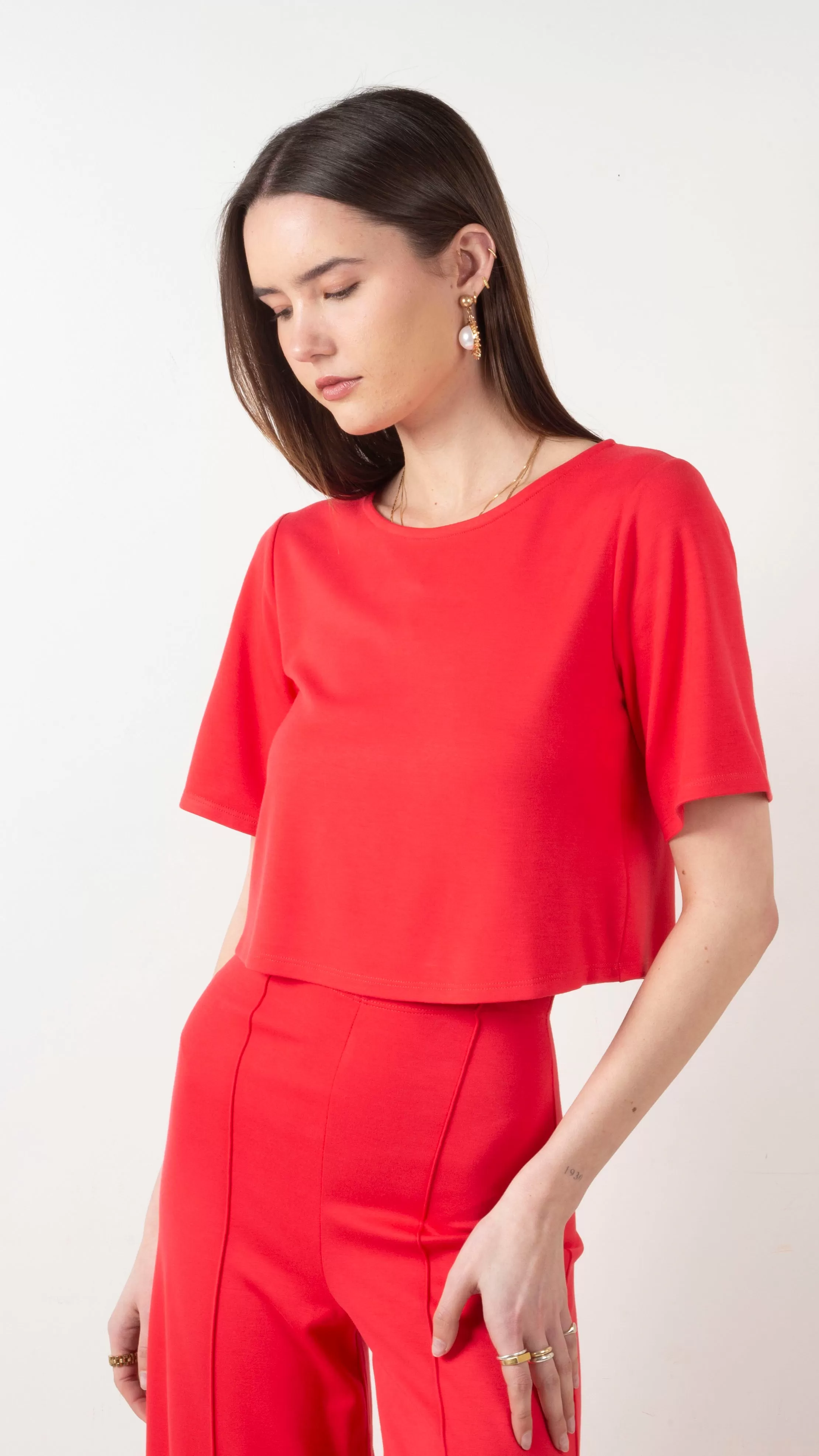 Ponte Knit Short Sleeve Top - Coral