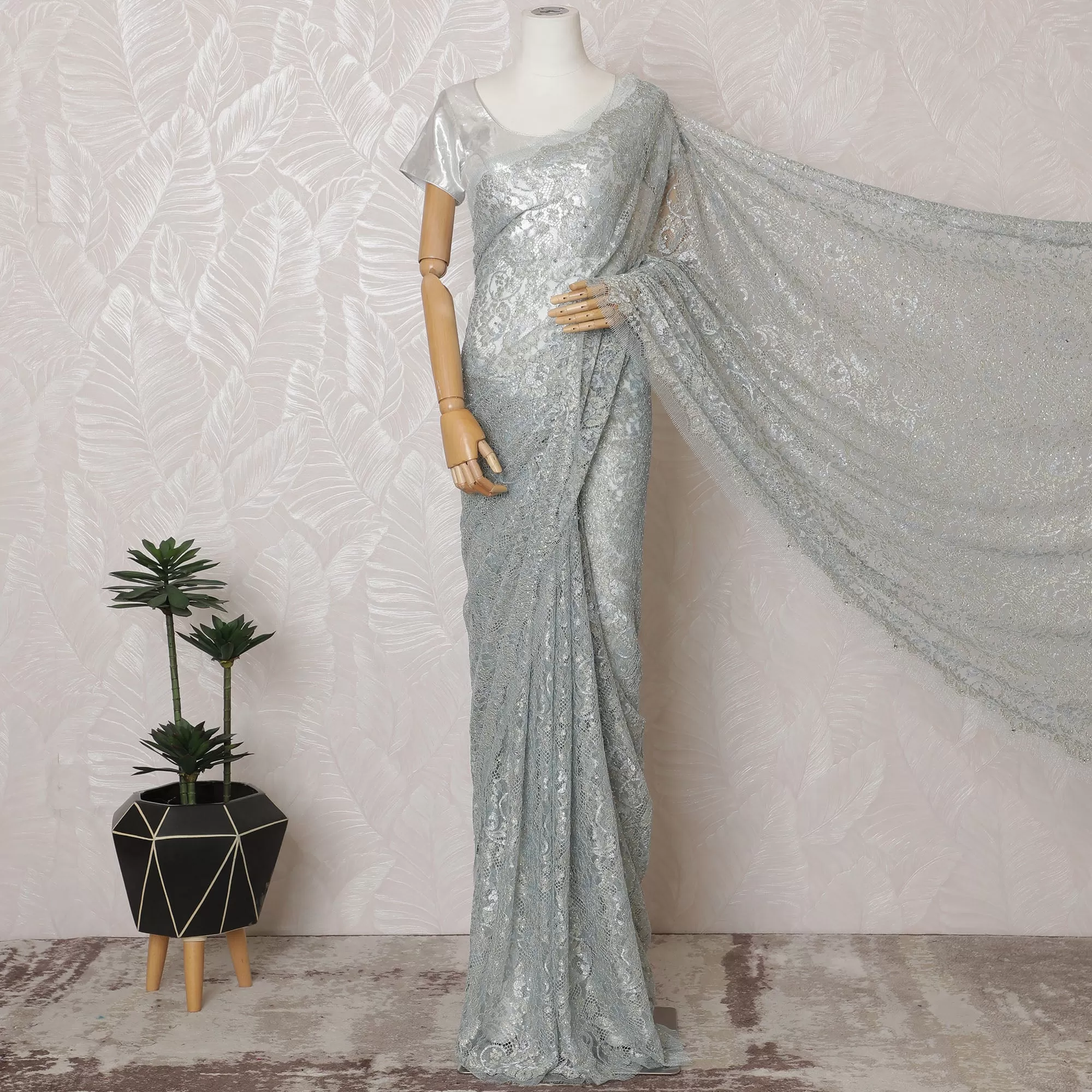 Powder blue French Metallic Chantilly Saree Lace with stone work – 110 cm Width, 5.5 Meters, Made in France-D19420