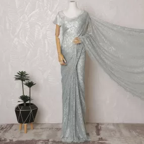 Powder blue French Metallic Chantilly Saree Lace with stone work – 110 cm Width, 5.5 Meters, Made in France-D19420