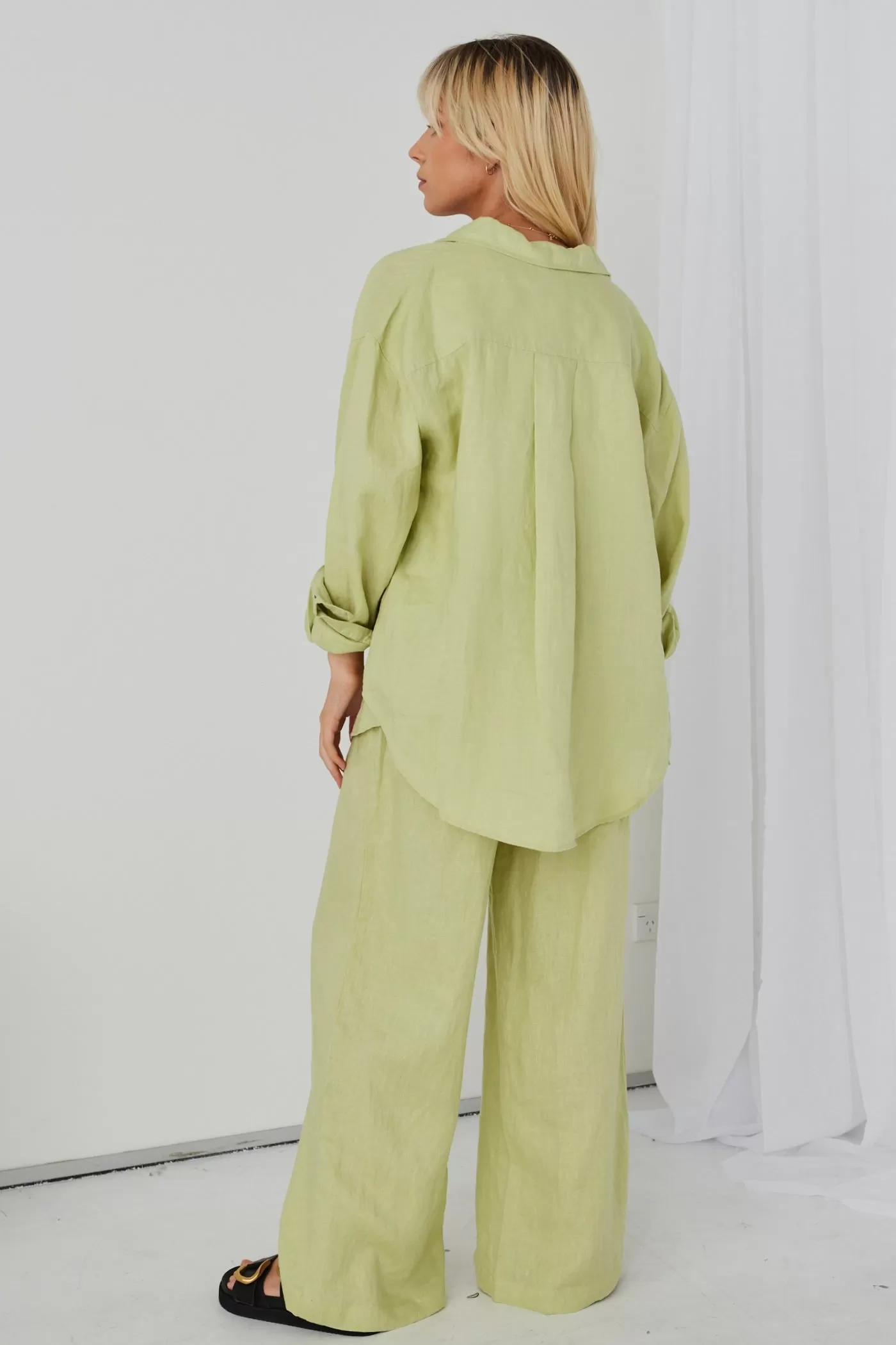 Resort Pistachio Linen Elastic Waist Wide Leg Drawstring Pant