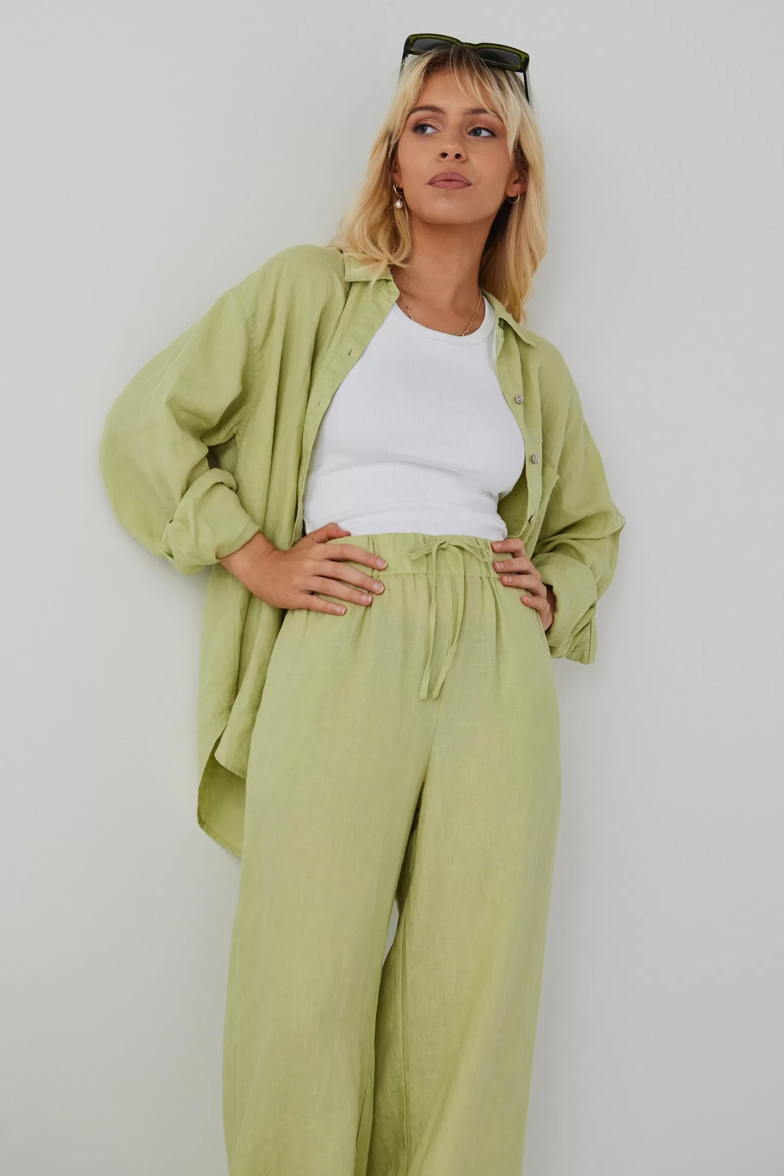 Resort Pistachio Linen Elastic Waist Wide Leg Drawstring Pant