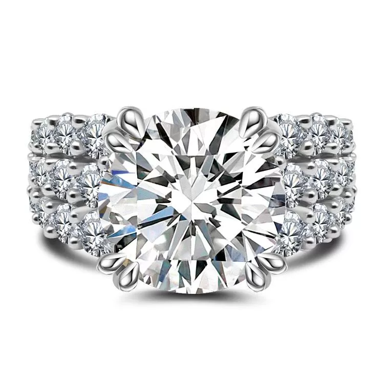 Round Cut Double Prong Three-Row Engagement Ring