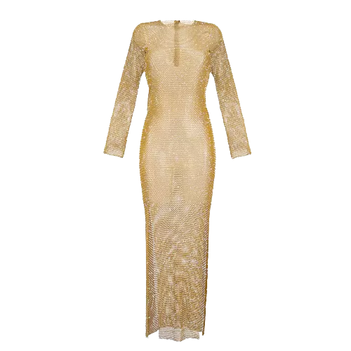 Santa Brands Metallic Gold Champagne Splashes Diamond Maxi Dress One Size