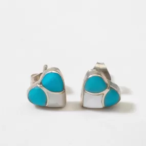 Sleeping Beauty Turquoise & Mother of Pearl Heart Navajo USA Native American Made 925 Sterling Silver Earrings with Stud Backing