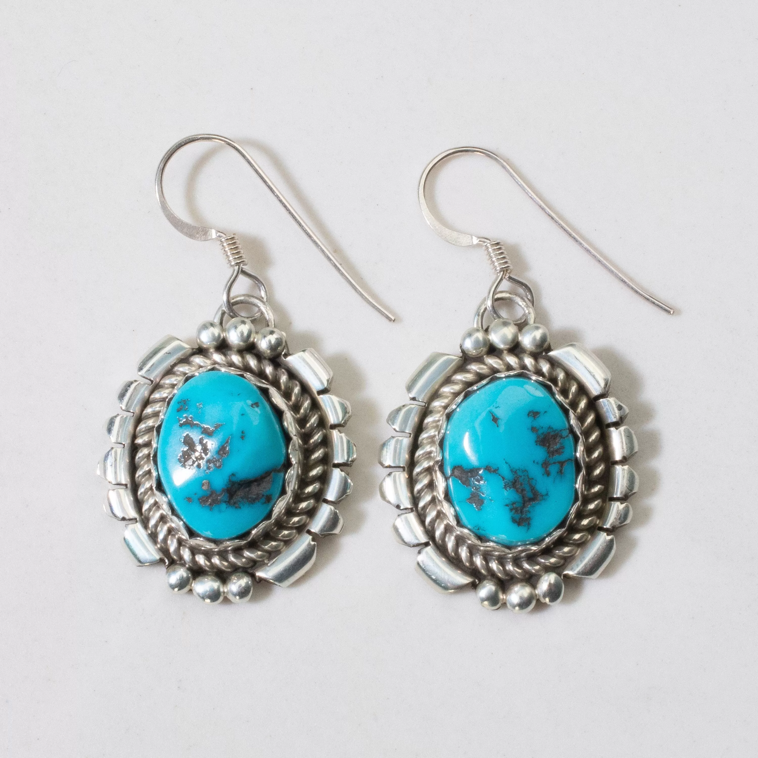 Sleeping Beauty Turquoise Oval Navajo USA Native American Made 925 Sterling Silver Earrings with French Hook