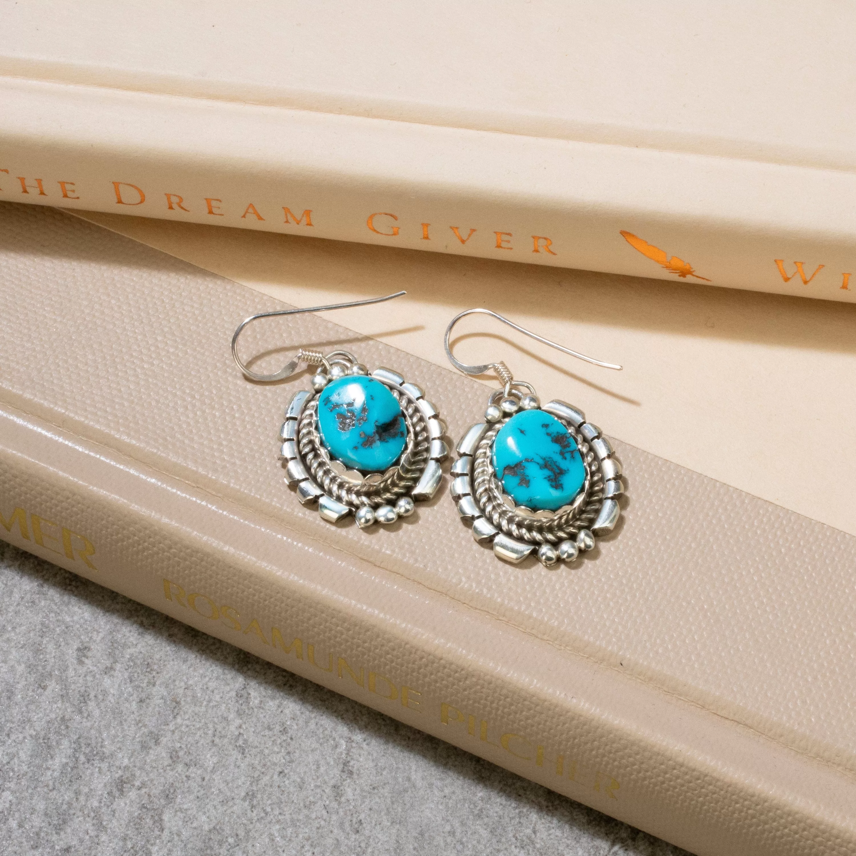 Sleeping Beauty Turquoise Oval Navajo USA Native American Made 925 Sterling Silver Earrings with French Hook