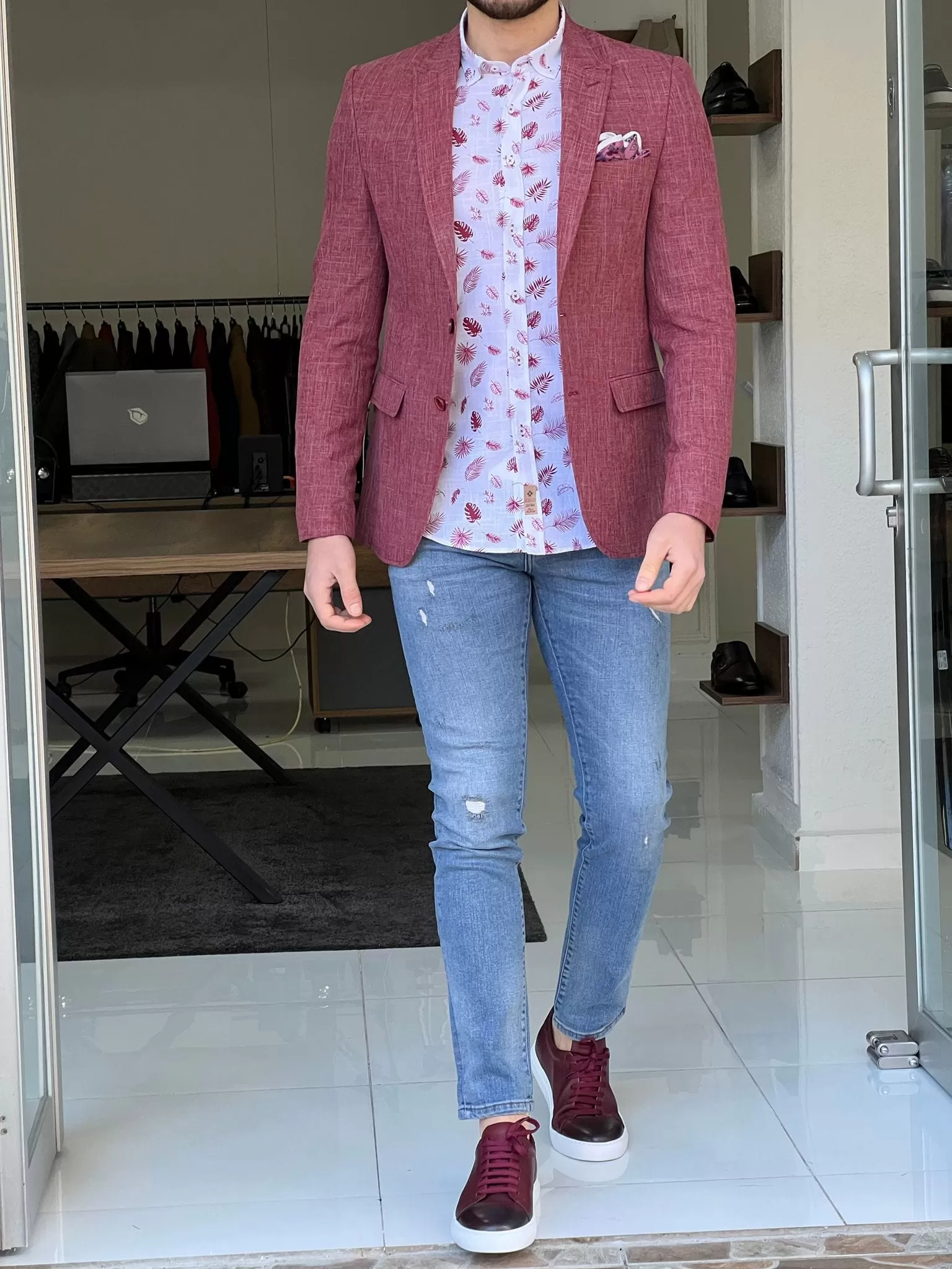 Slim Fit Self-Patterned Red Cotton Jacket