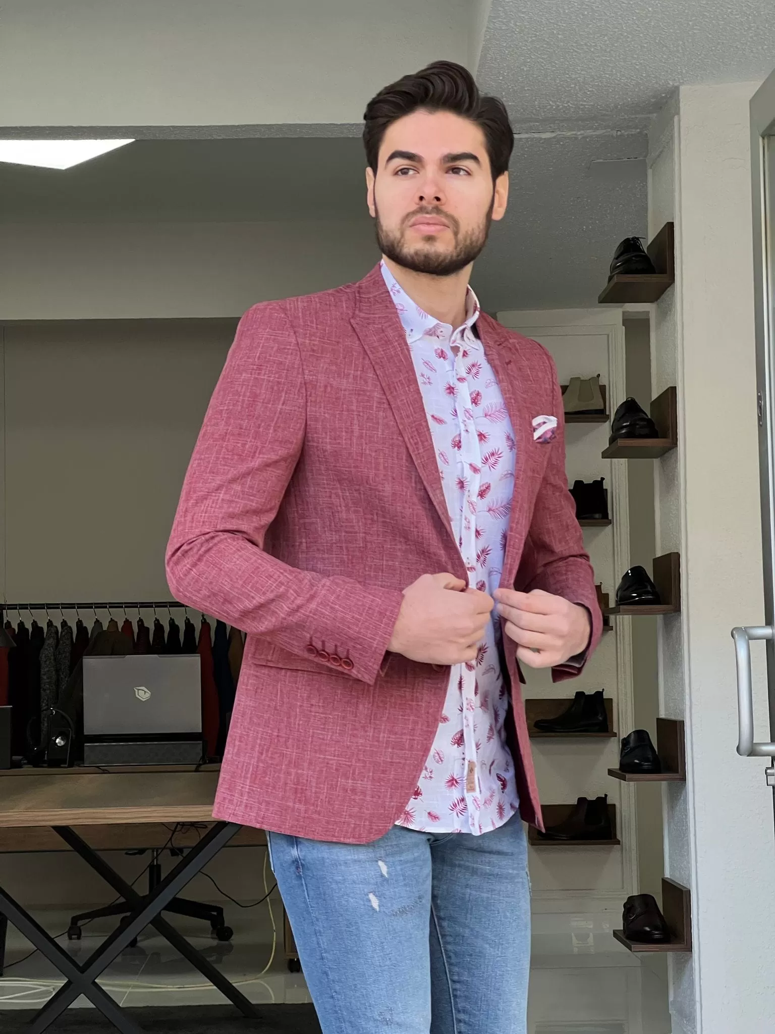 Slim Fit Self-Patterned Red Cotton Jacket