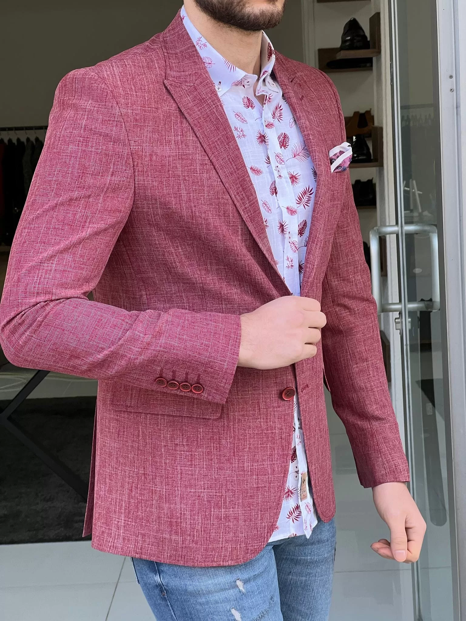 Slim Fit Self-Patterned Red Cotton Jacket